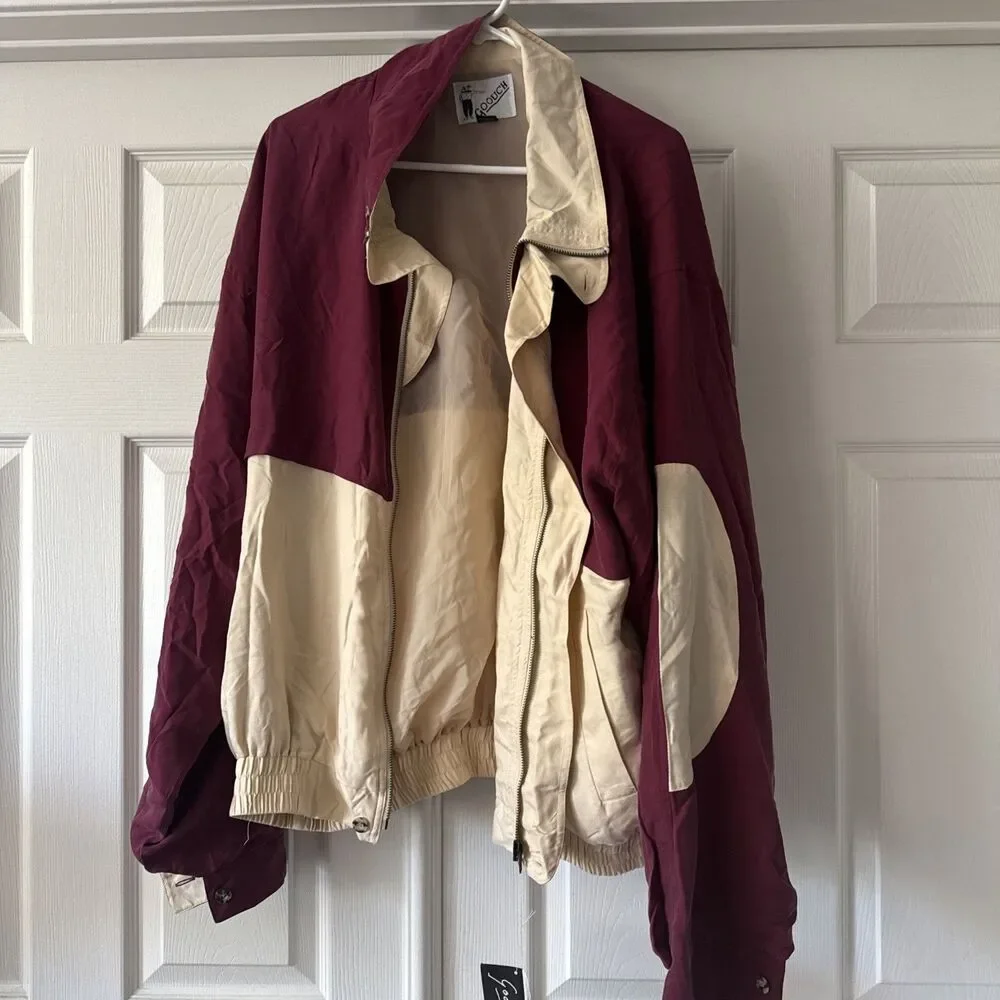 Goouch Vintage Mens Deadstock 100% Silk Bomber Jacket XL Maroon Streetwear 80s